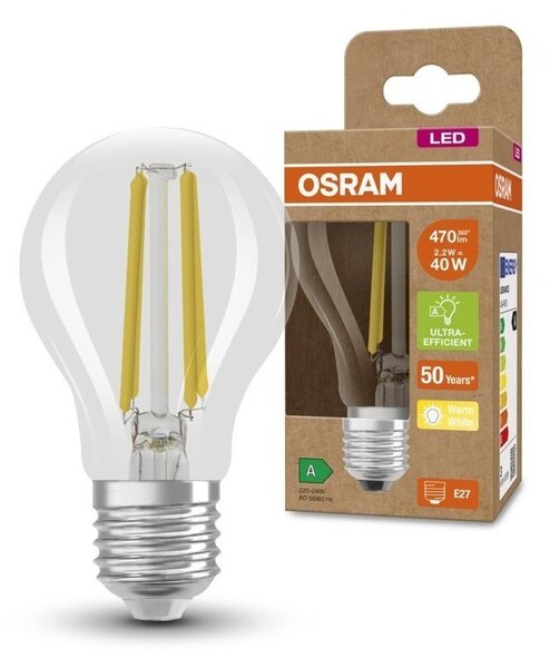 Průhledná ultra účinná LED žárovka E27 2,2 W ENERGY A, teplá bílá