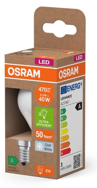Účinná LED žárovka matná E14 2.2W CLASSIC P, studená bílá