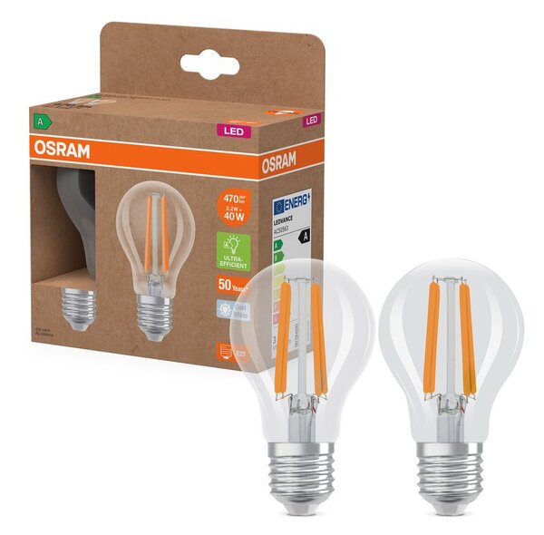 2x účinná LED žárovka čirá E14 2.2W CLASSIC A40, studená bílá