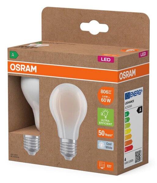 2x účinná LED žárovka matná E27 3.8W CLASSIC A60, studená bílá