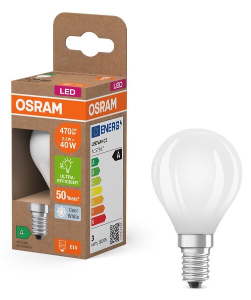 Účinná LED žárovka matná E14 2.2W CLASSIC P, studená bílá