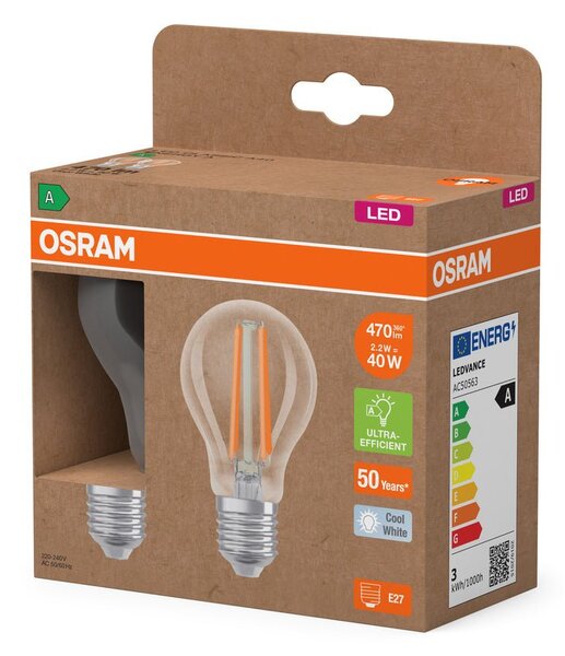 2x účinná LED žárovka čirá E14 2.2W CLASSIC A40, studená bílá