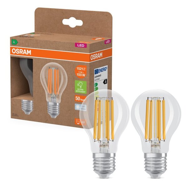 2x účinná LED žárovka čirá E27 7.2W CLASSIC A100, studená bílá