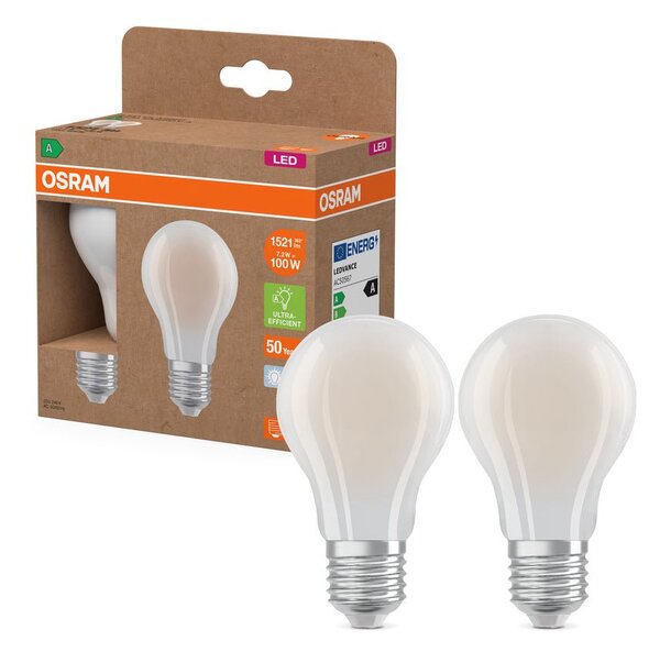 2x účinná LED žárovka E27 7.2W CLASSIC A100, studená bílá