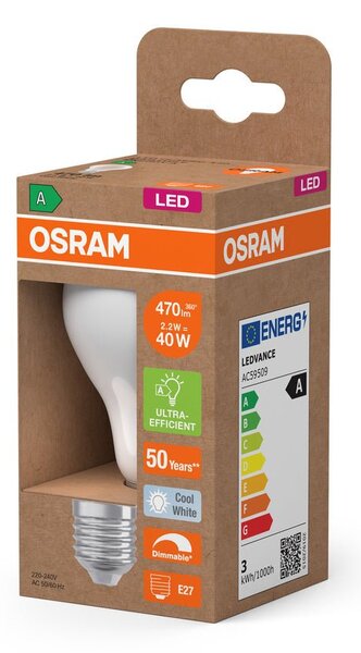Účinná LED žárovka matná E27 2.2W CLASSIC A40, studená bílá