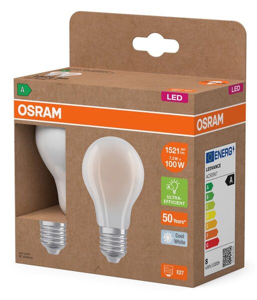 2x účinná LED žárovka E27 7.2W CLASSIC A100, studená bílá