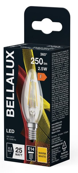 Průhledná LED žárovka E14 2.5W CLASSIC B, teplá bílá