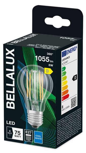 Průhledná LED žárovka E27 8W CLASSIC A, studená bílá