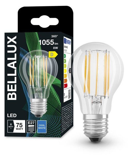 Průhledná LED žárovka E27 8W CLASSIC A, studená bílá