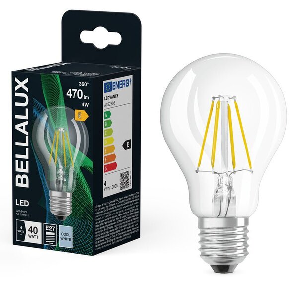 Průhledná LED žárovka E27 4W CLASSIC A, studená bílá