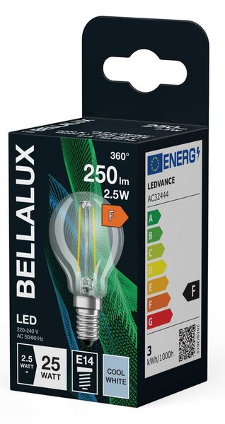 Průhledná LED žárovka E14 2.5W CLASSIC, studená bílá