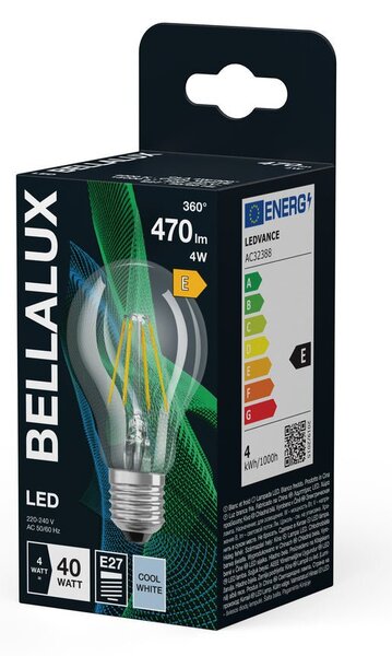 Průhledná LED žárovka E27 4W CLASSIC A, studená bílá