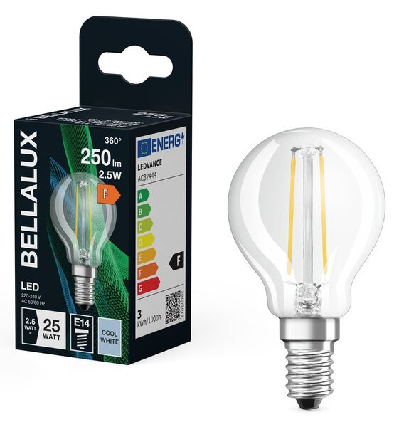Průhledná LED žárovka E14 2.5W CLASSIC, studená bílá