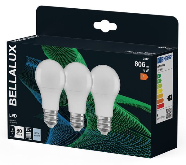 3x matná LED žárovka E27 8.5W CLASSIC A, studená bílá