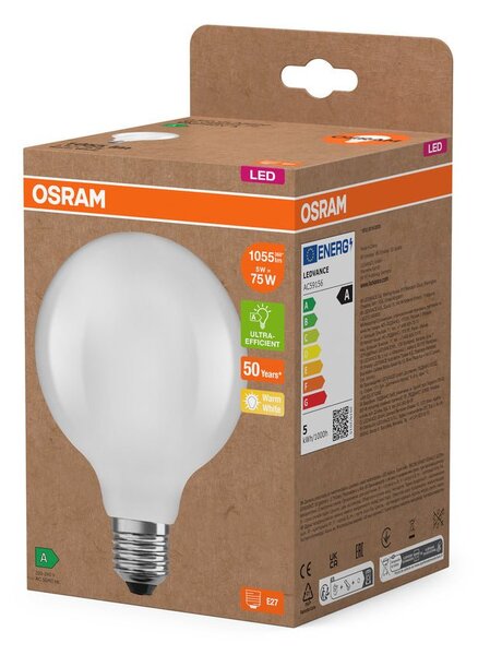 Ultra účinná LED žárovka matná E27 5W GLOBE95, teplá bílá