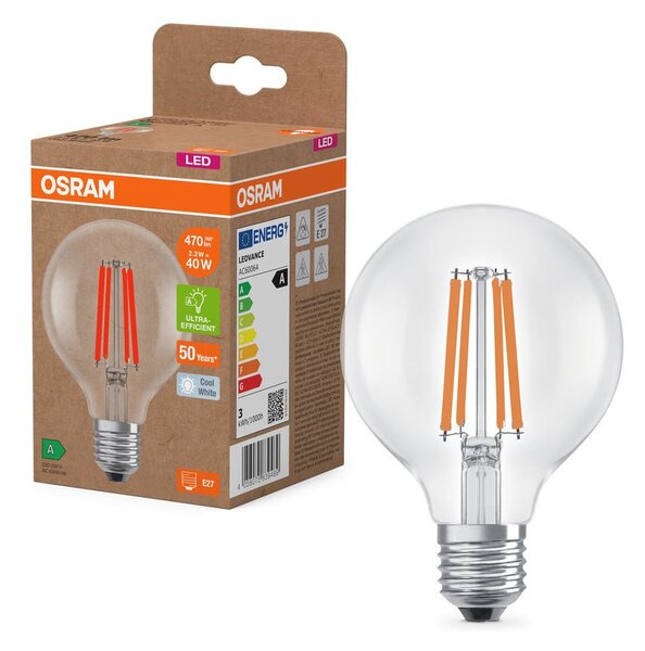 Ultra účinná LED žárovka E27 2.2W GLOBE80, studená bílá
