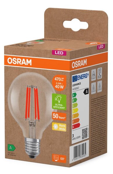 Ultra účinná LED žárovka E27 2.2W GLOBE80, teplá bílá