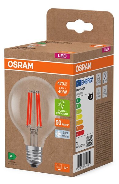 Ultra účinná LED žárovka E27 2.2W GLOBE80, studená bílá