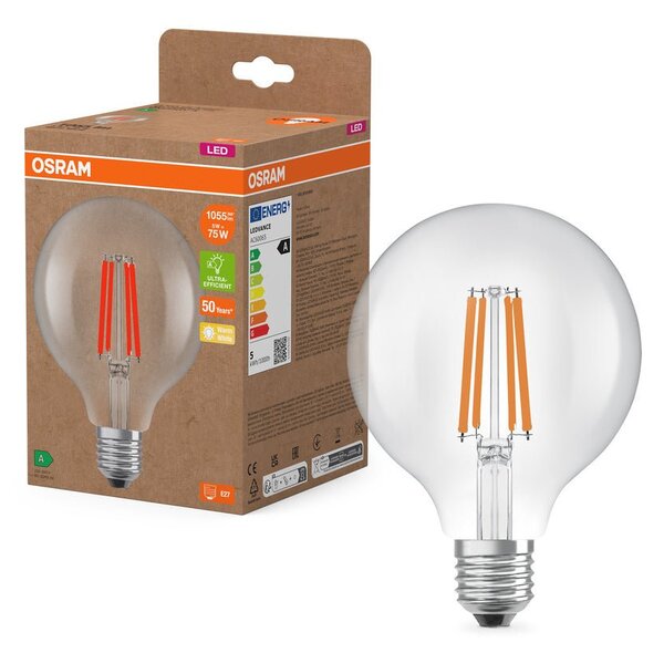 Ultra účinná LED žárovka E27 5W GLOBE95, teplá bílá