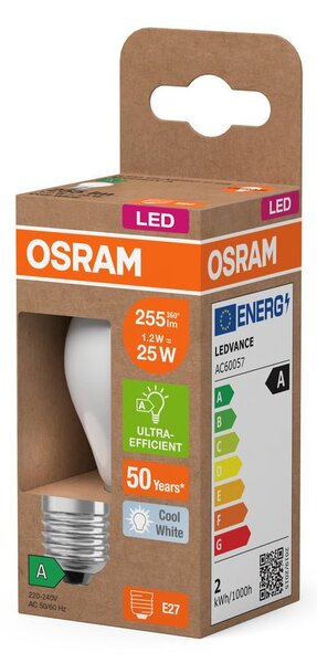 Ultra účinná LED žárovka E27 1.2W CLASSIC P, studená bílá