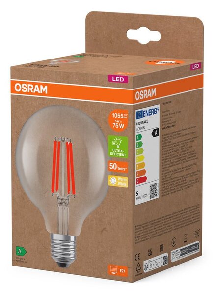 Ultra účinná LED žárovka E27 5W GLOBE95, teplá bílá