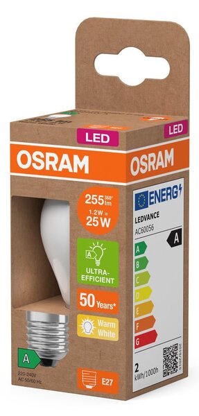 Ultra účinná LED žárovka E27 1.2W CLASSIC P, teplá bílá