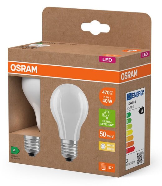 Ultra účinná LED žárovka matná E27 2.2W CLASSIC A, teplá bílá