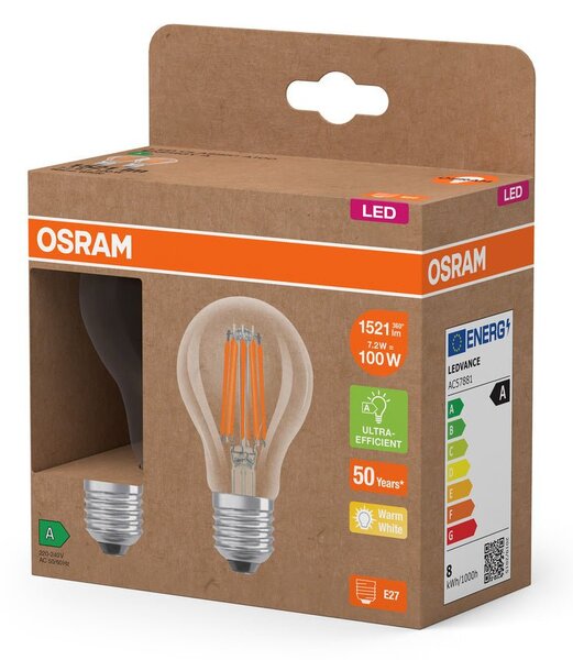 2x účinná LED žárovka čirá E27 7.2W CLASSIC A, teplá bílá