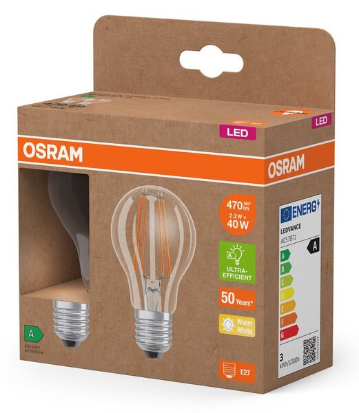 Ultra účinná LED žárovka čirá E27 2.2W CLASSIC A, teplá bílá