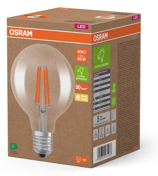 Ultra účinná LED žárovka E27 3.8W GLOBE95, teplá bílá