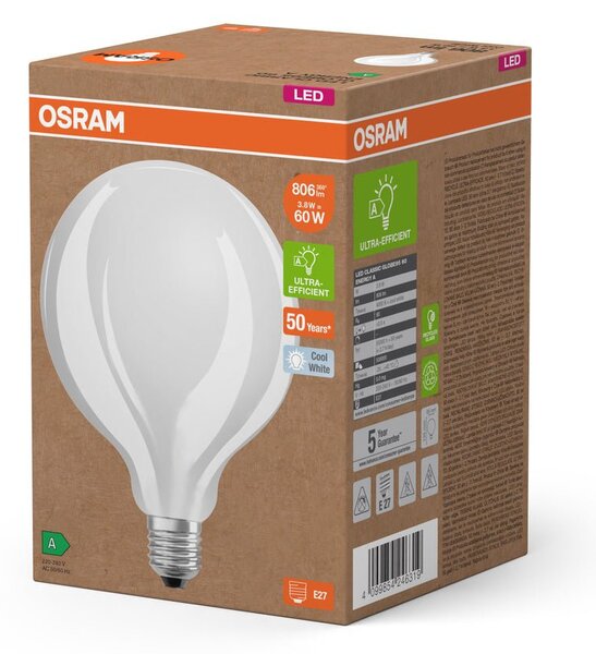 Ultra účinná LED žárovka matná E27 3.8W GLOBE, studená bílá