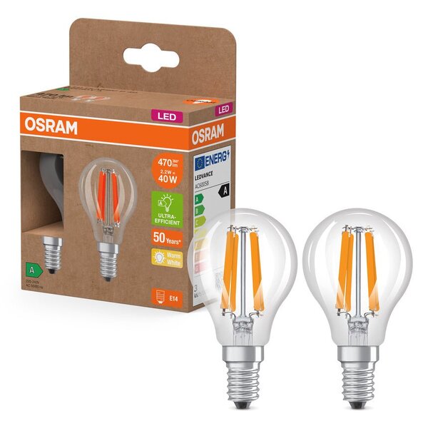 2x ultra účinná LED žárovka E14 2.2W CLASSIC P, teplá bílá