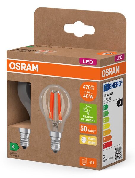2x ultra účinná LED žárovka E14 2.2W CLASSIC P, teplá bílá