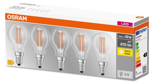 5 ks průhledná LED žárovka E14 4 W BASE teplá bílá