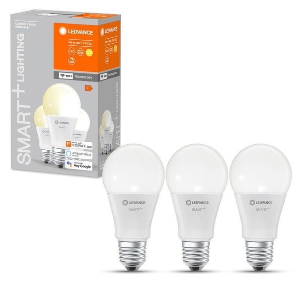 3ks chytrá stmívatelná WiFi LED žárovka E27 9W, 2.700K