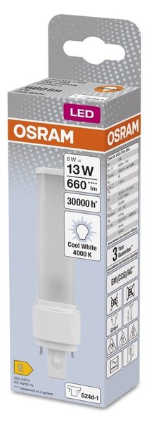 Dlouhotrvající LED žárovka G24d-1 6 W DULUX, studená bílá