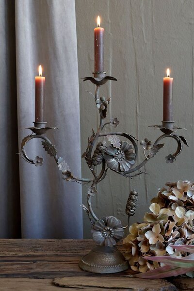Mocca starý francouzský svícen s květy Charm Antique - 35*11*41 cm - Chic Antique
