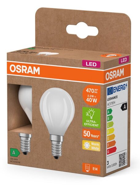 2x účinná LED žárovka matná E27 2.2W CLASSIC P, teplá bílá