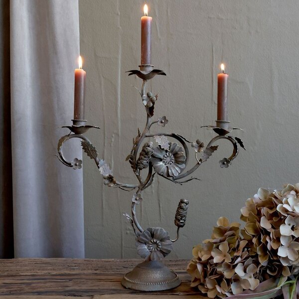 Mocca starý francouzský svícen s květy Charm Antique - 35*11*41 cm - Chic Antique