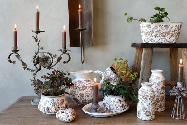 Mocca starý francouzský svícen s květy Charm Antique - 35*11*41 cm - Chic Antique