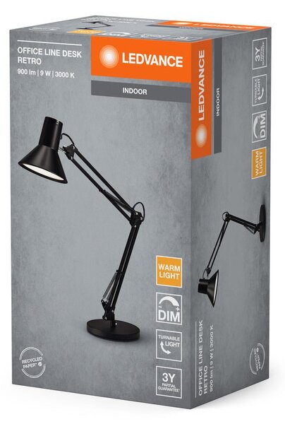 Černá stolní lampa stmívatelná 9W OFFICE DESK RETRO, teplá bílá