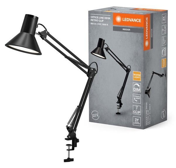 Černá stolní lampa stmívatelná 9W RETRO CLIP, teplá bílá