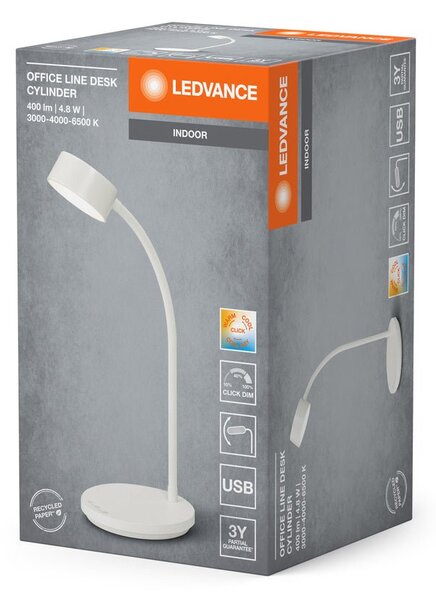 Bílá stolní lampa USB 4.8W OFFICE CYLINDER, laditelná bílá