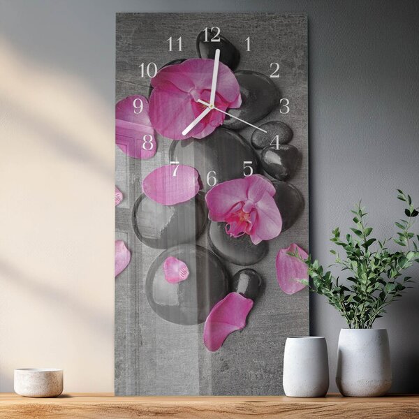 Skleněné hodiny vertikální Orchidejové kameny zsppb-30x60-00092486