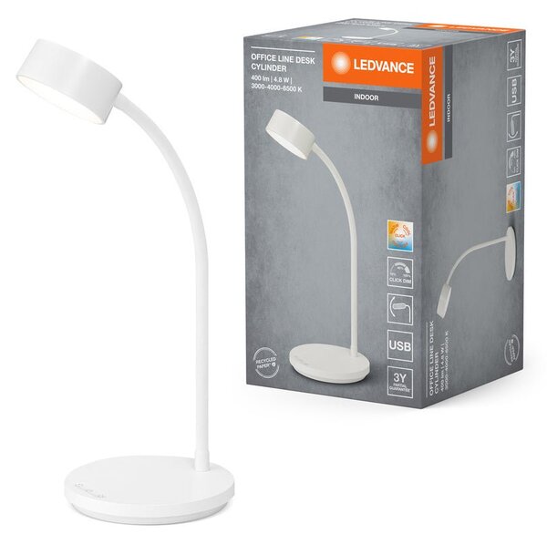 Bílá stolní lampa USB 4.8W OFFICE CYLINDER, laditelná bílá