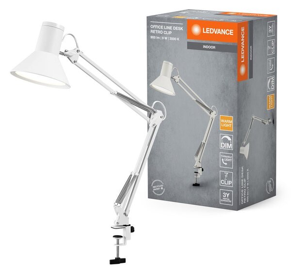 Bílá stolní lampa stmívatelná 9W RETRO CLIP, teplá bílá