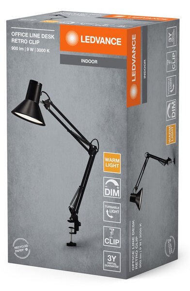 Černá stolní lampa stmívatelná 9W RETRO CLIP, teplá bílá