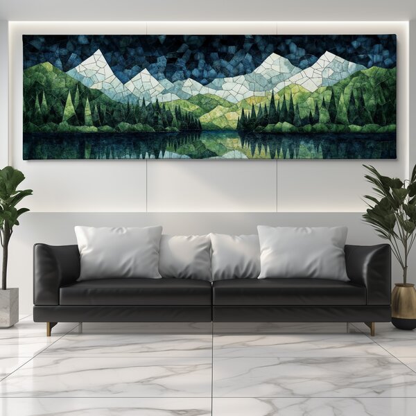 Obraz na plátně - Sněžné vrcholy nad lesním jezerem FeelHappy.cz Velikost obrazu (šířka x výška): 60 x 20 cm