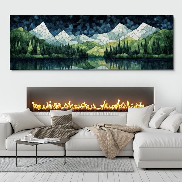 Obraz na plátně - Sněžné vrcholy nad lesním jezerem FeelHappy.cz Velikost obrazu (šířka x výška): 60 x 20 cm
