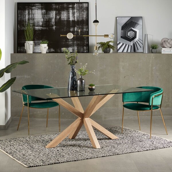 Skleněný jídelní stůl Kave Home Argo 180 x 100 cm s přírodní kovovou podnoží